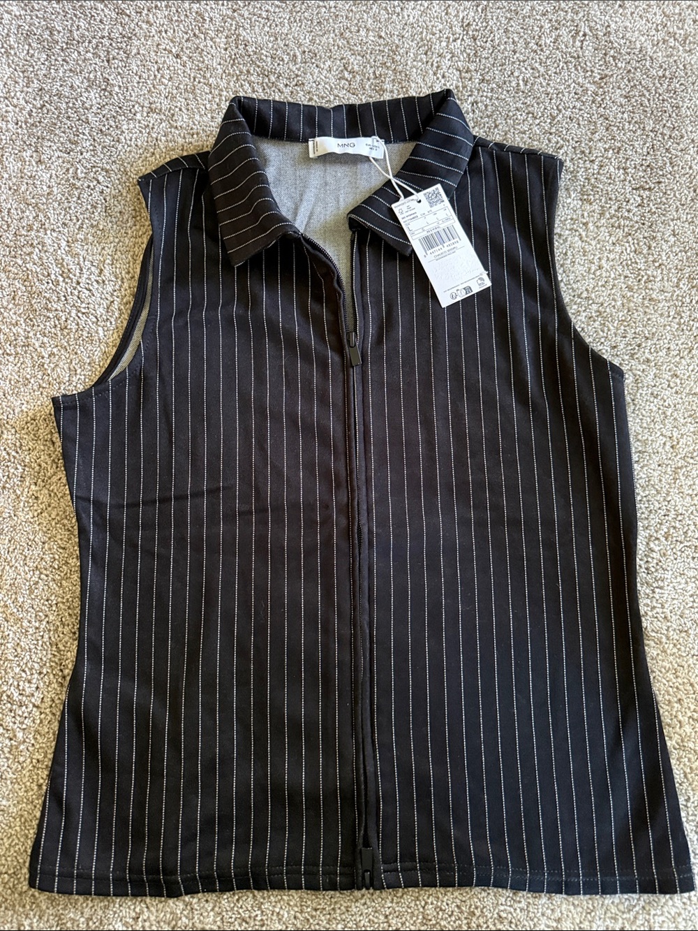Mango Black Pinstripe Sleeveless Zip-Up Shirt